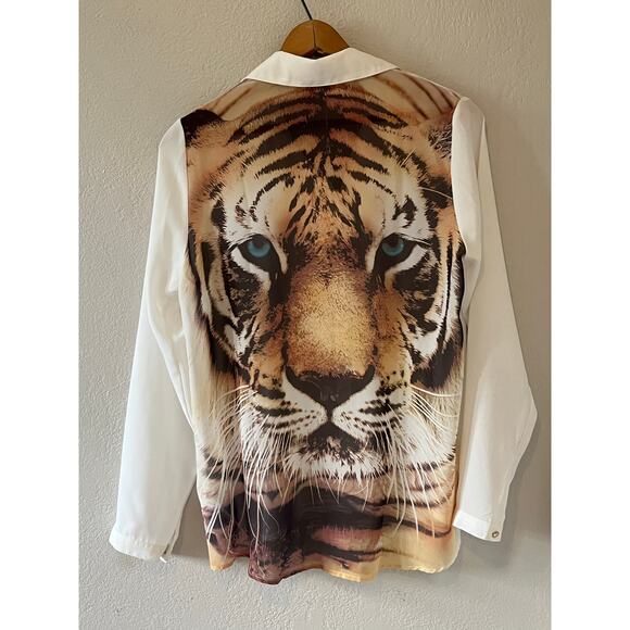 Women's Forever 21 Tiger Gold Button Down Blouse Shirt Top Size Medium - Picture 1 of 5